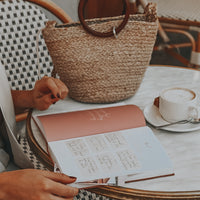 Woman reading inspirational quotes and "Road Map" section of Ponderlily planner to plan her success while drinking a cappuccino