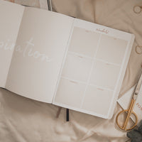 Inspiration board of undated Ponderlily Weekly Planner next to scissors and Meeting calendar