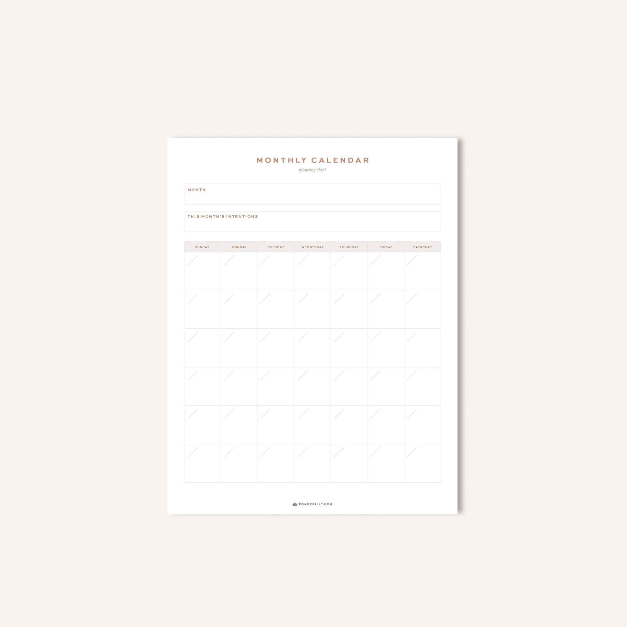 Monthly Printable Calendar – Ponderlily