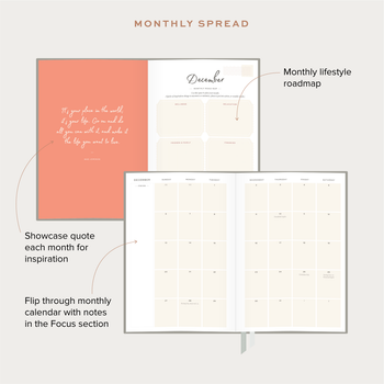 Explainer graphic of the monthly spread of Ponderlily planner